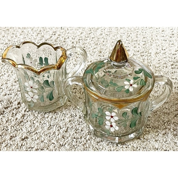 Vintage Glass Creamer & Sugar Set – Hand Painted White Flowers Gold Rim Romantic - Picture 1 of 16
